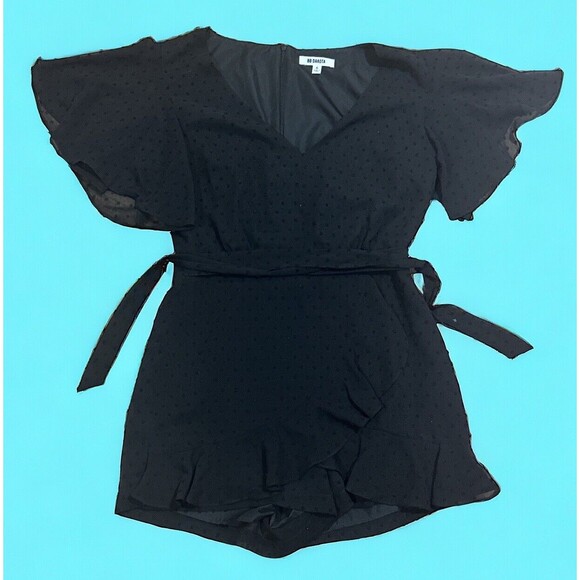 BB Dakota Romper Black Swiss Dot Shorts Flutter Sleeve Size 6‎ EUC - Picture 1 of 4